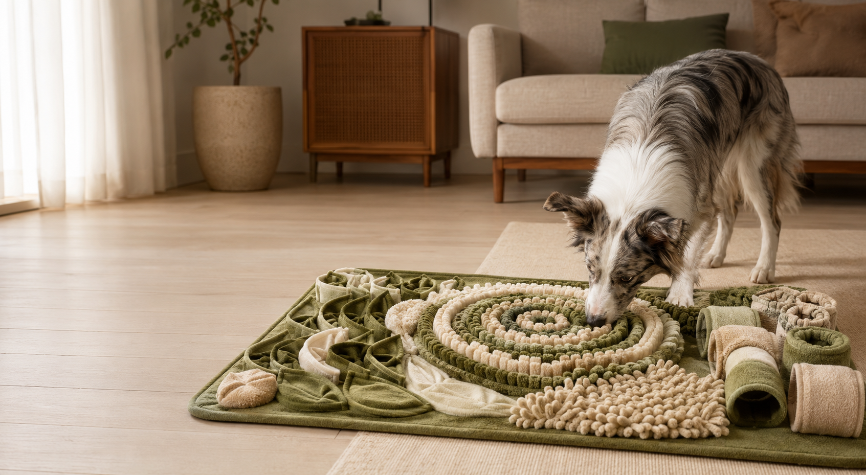 Un chien découvre le tapis d’enrichissement PiumaPet dans un intérieur chaleureux